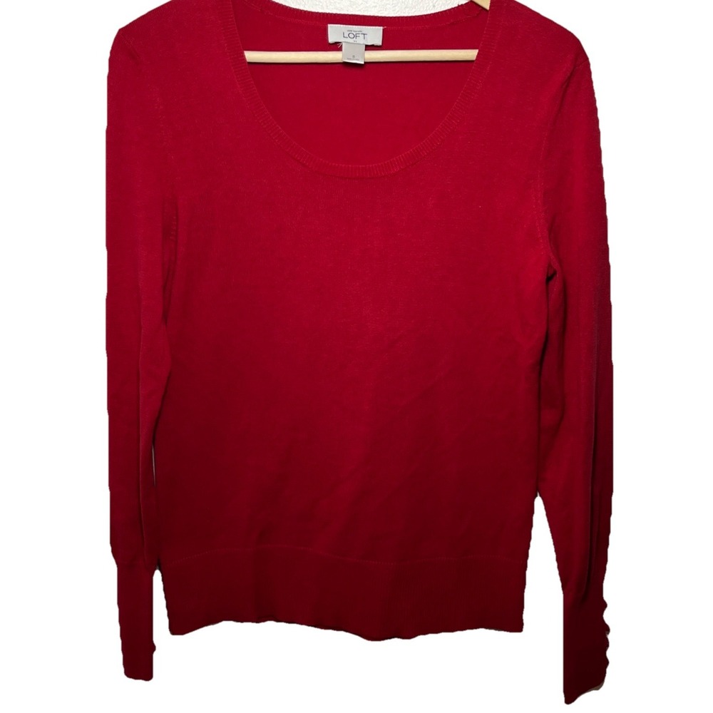 Ann Taylor Loft Womens Red Cotton Scoop‎ Neck Long Sleeve Button Cuff Sweater S